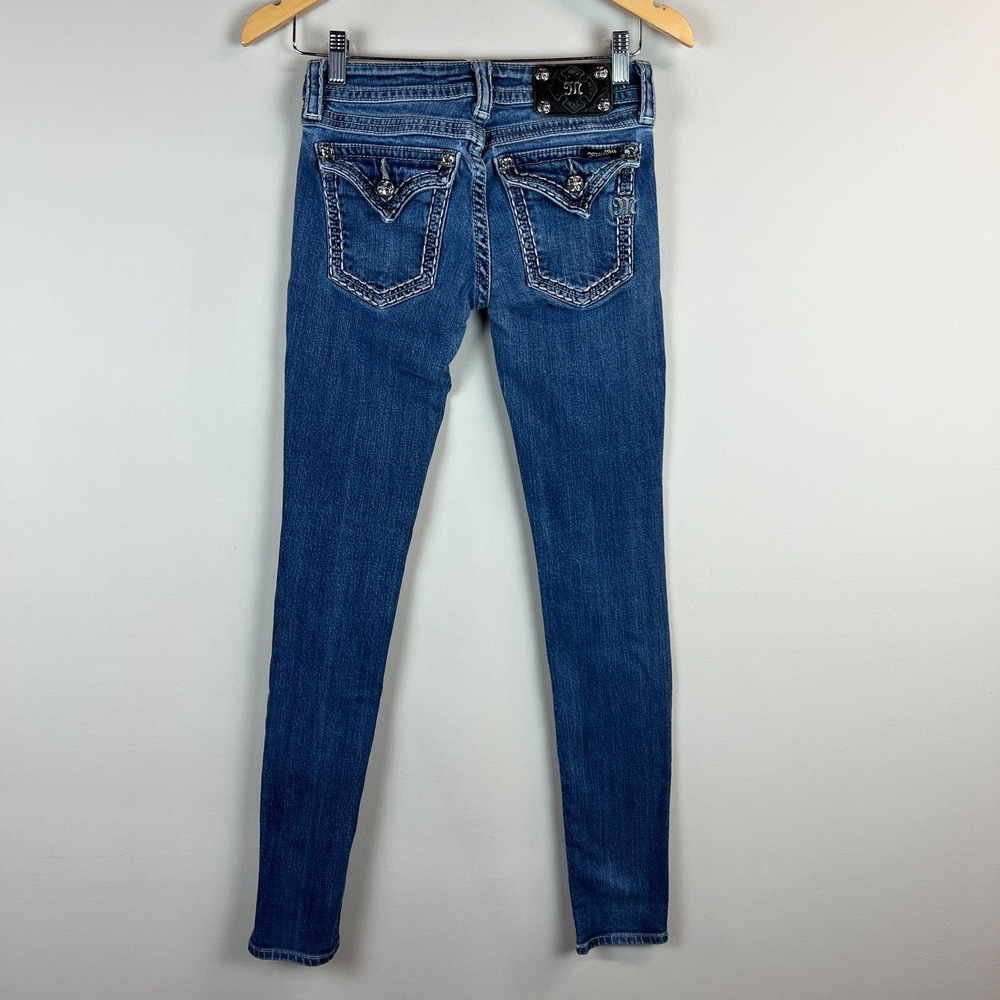 Miss Me Skinny Jeans Womens 26 Blue Thick Stitch Rhinestone Y2K Low Rise Medium